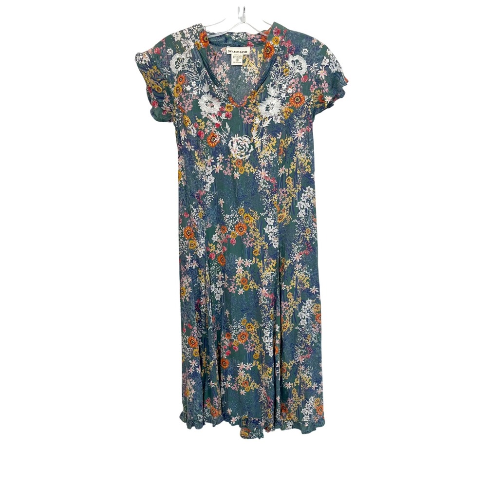 Sky and Sand Floral Midi Dress Green Multi Embroidered Cottagecore Lace Up SMALL